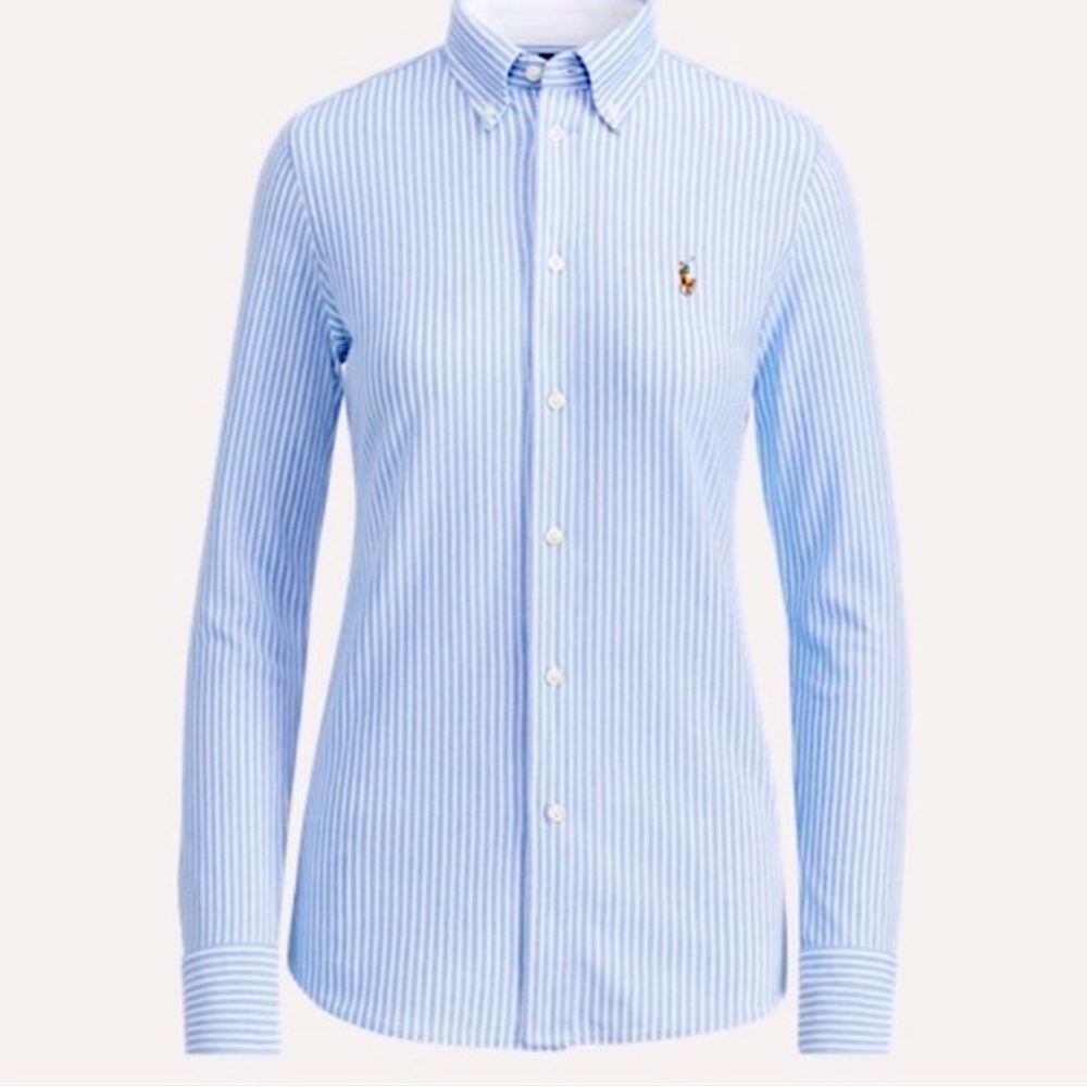 Ralph Lauren Blue Stripe Knit Oxford Buttondown Pony Logo XL - fits like a Large